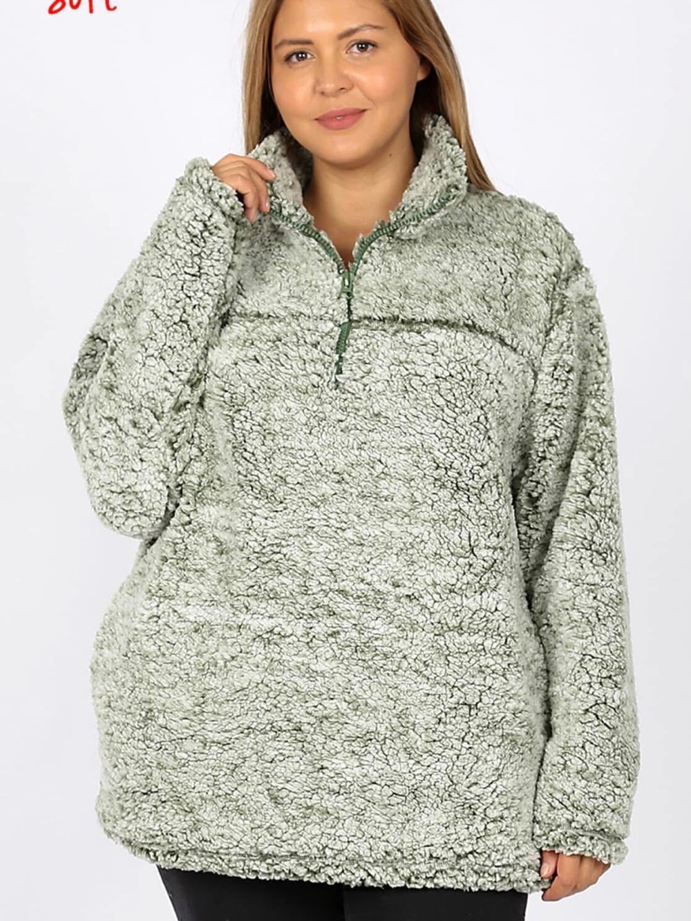 Plus Size Sherpa Half-Zip Pullover Jacket - Sage Green